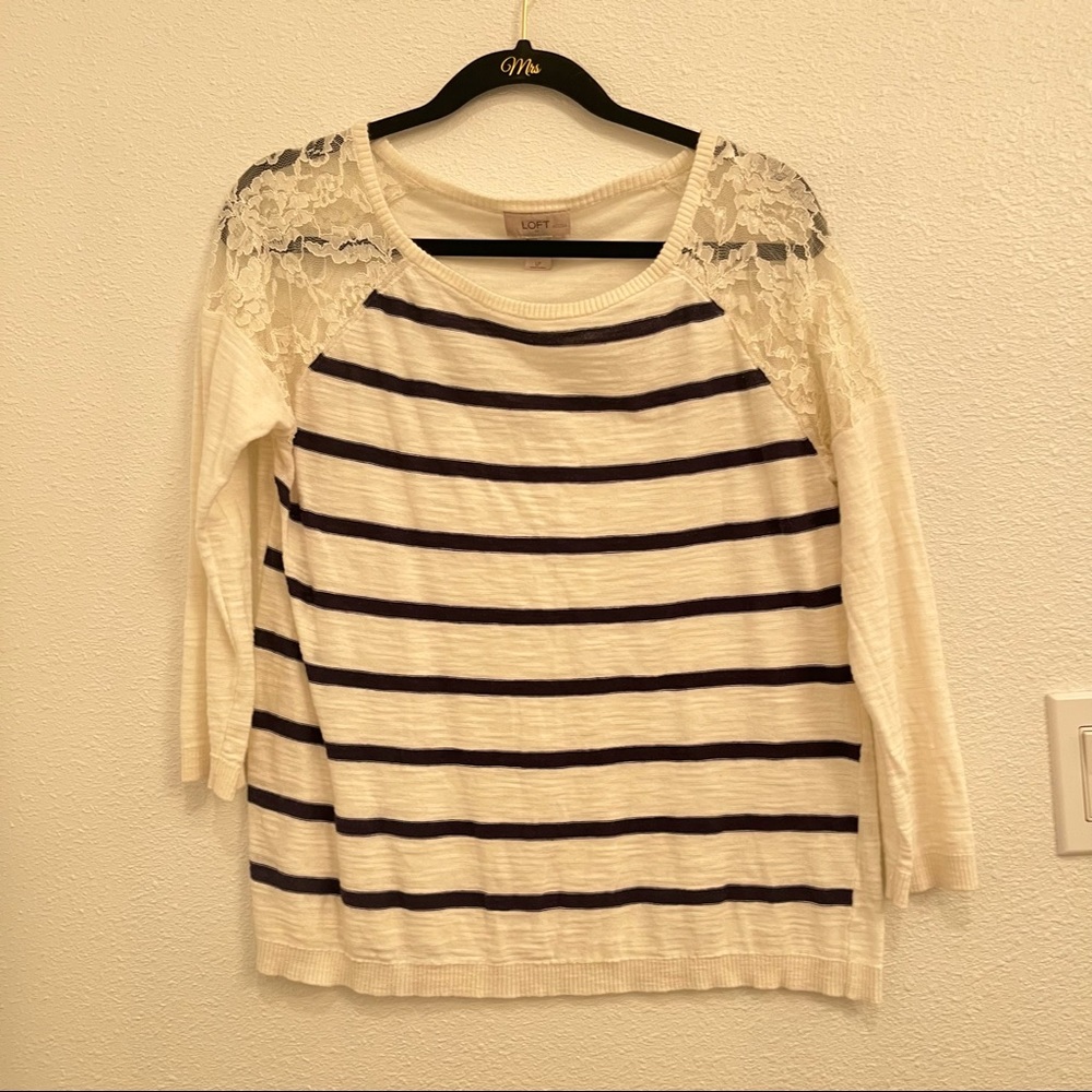 Loft size large petite navy and white striped top lace